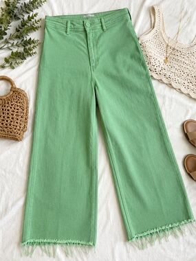 Zara Mint Green High Rise Wide Leg Frayed Hem Jeans Size 10